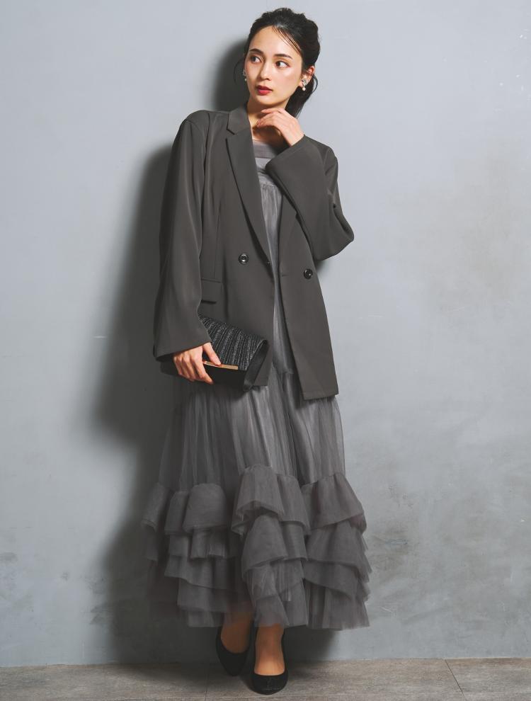 【S/M/L】ジャケット付きボリュームチュールドレス(グレー)DPSET0909