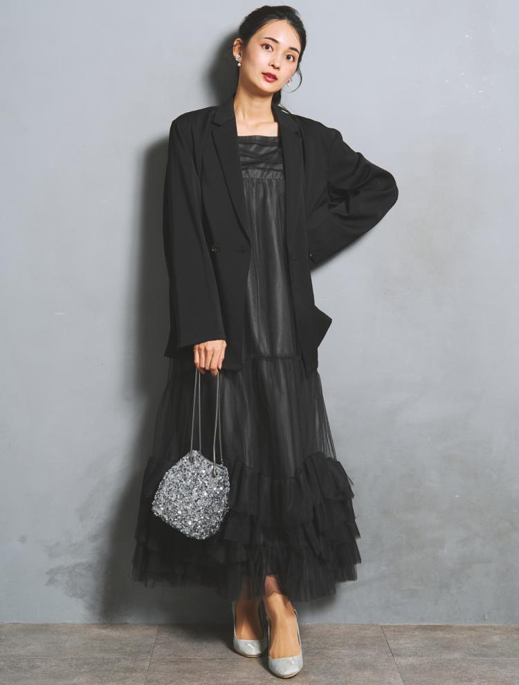 【S/M/L】ジャケット付きボリュームチュールドレス（ブラック）DPSET0910