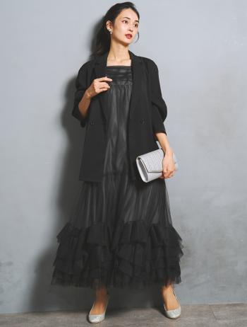 【S/M/L】ジャケット付きボリュームチュールドレス（ブラック）DPSET0911