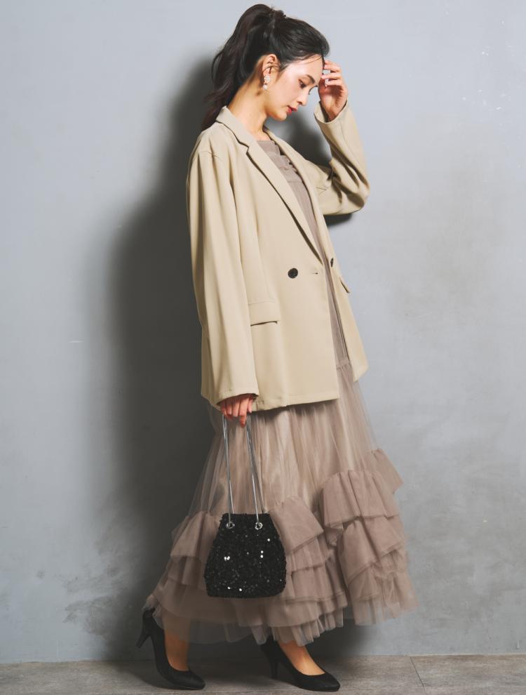 【S/M/L】ジャケット付きボリュームチュールドレス（ベージュ）DPSET0912