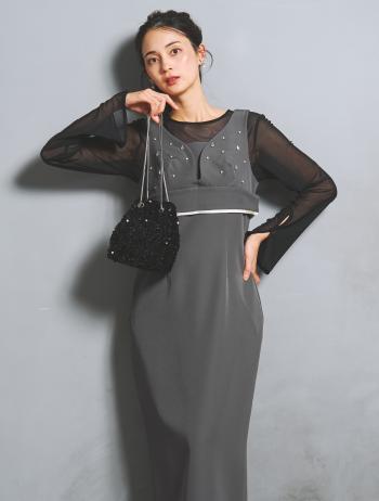 【M/L】ドロップビジュービスチェドレスブラウスセット（グレー）DPSET0914