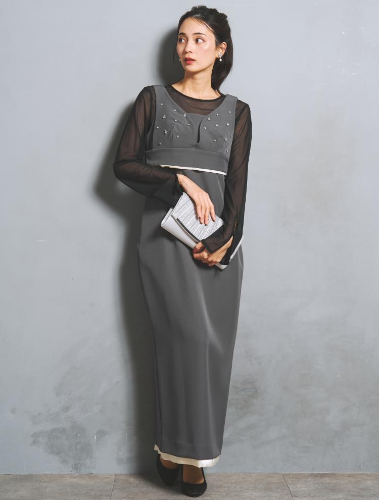 【M/L】ドロップビジュービスチェドレスブラウスセット（グレー）DPSET0915