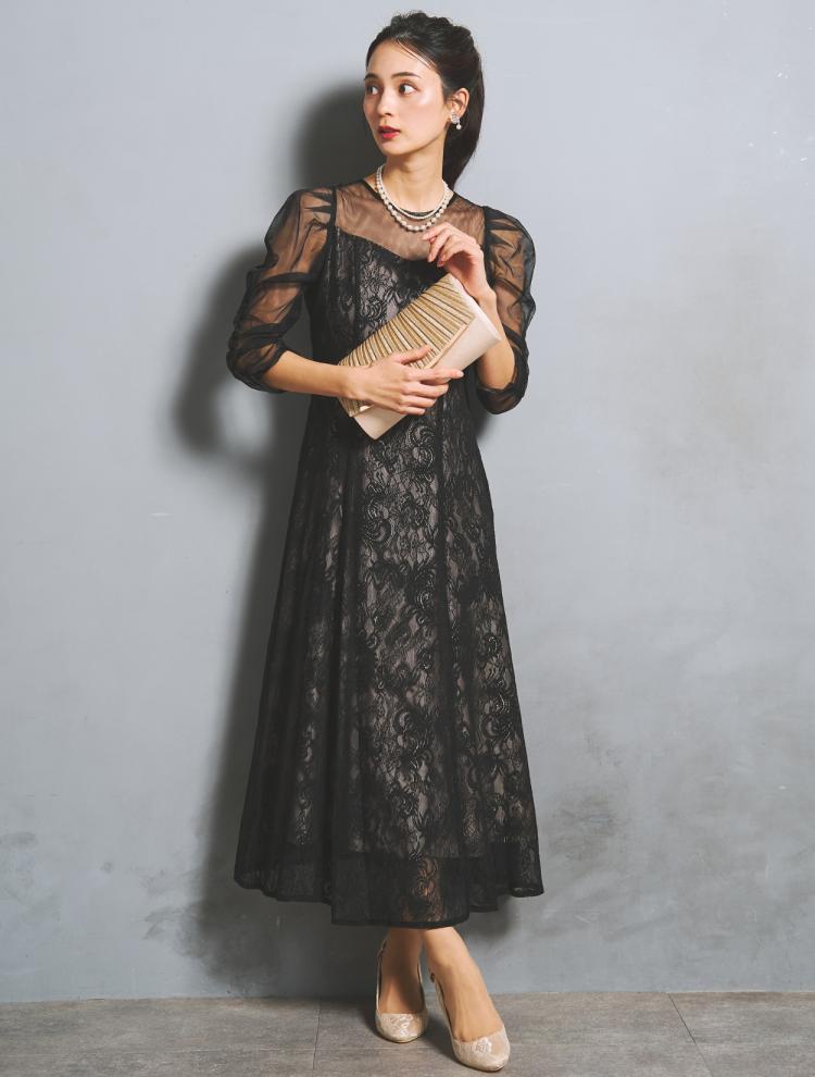 【M】シアースリーブ×レースドレス(ブラック)DPSET0920