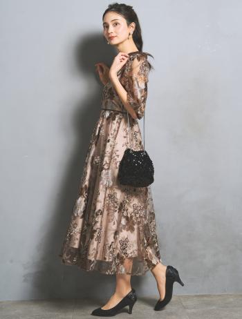 【LL】刺繍レースフレアドレス（ブラウン）DPSET0938L