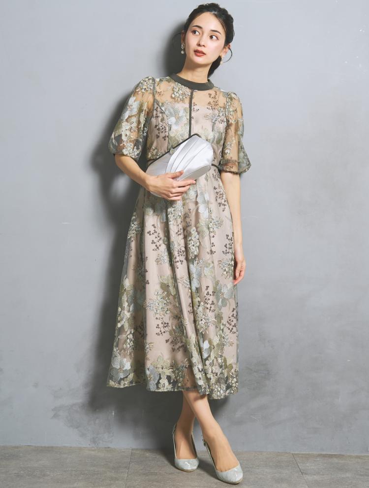 【M/L】フラワー刺繍パイピングドレス（グリーン）DPSET0925