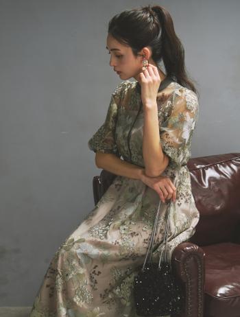 【LL/4L】フラワー刺繍パイピングドレス（グリーン）DPSET0926L