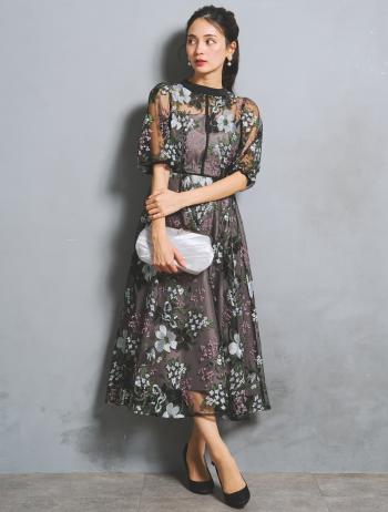 【M】フラワー刺繍パイピングドレス（ブラック）DPSET0927