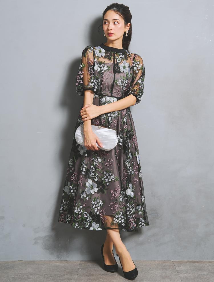 【M】フラワー刺繍パイピングドレス（ブラック）DPSET0927