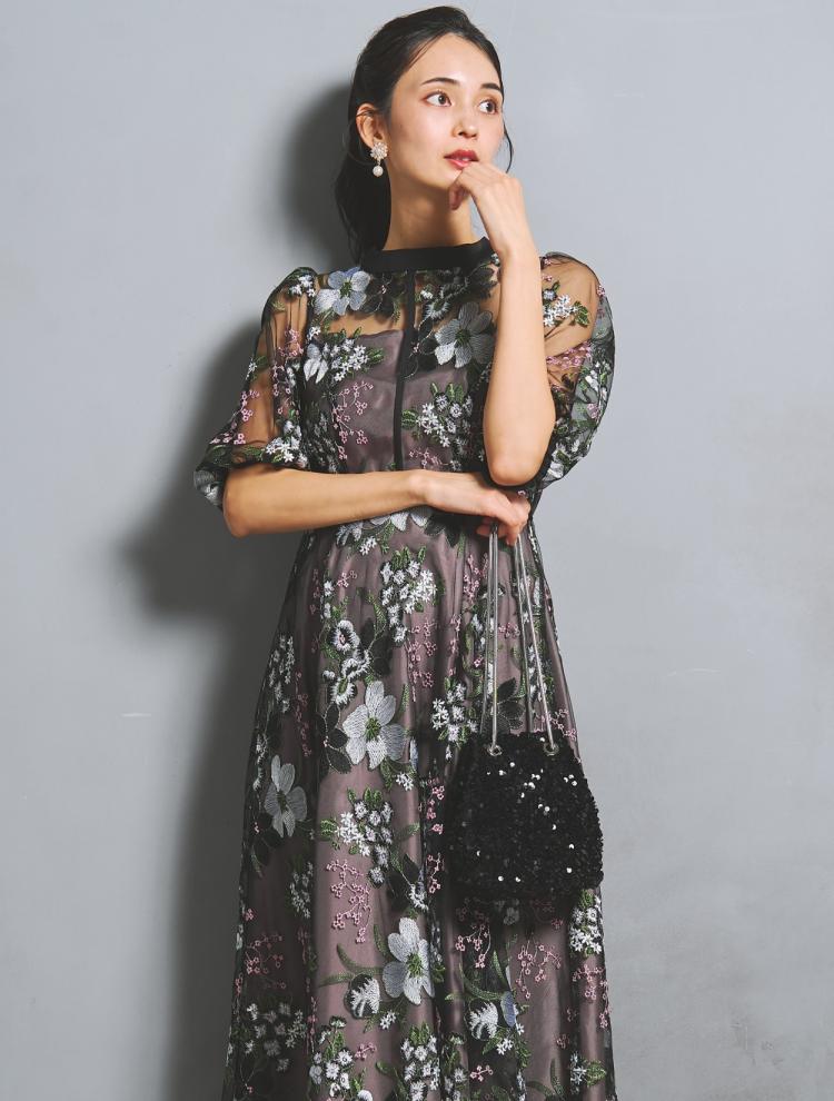 【M】フラワー刺繍パイピングドレス（ブラック）DPSET0928