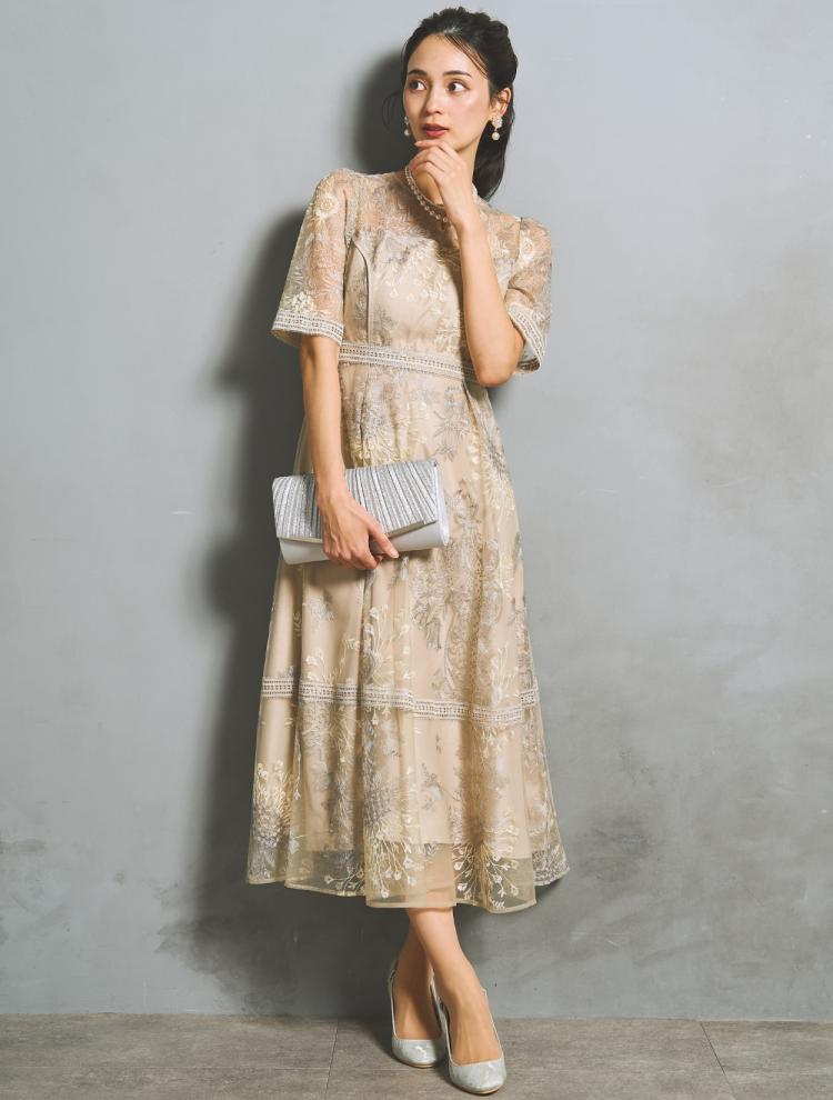 【M/L】刺繍レースフレアドレス（グレイッシュイエロー）DPSET0931