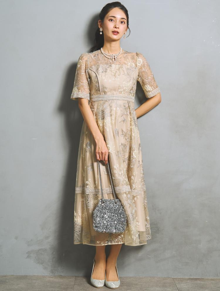 【M/L】刺繍レースフレアドレス（グレイッシュイエロー）DPSET0932