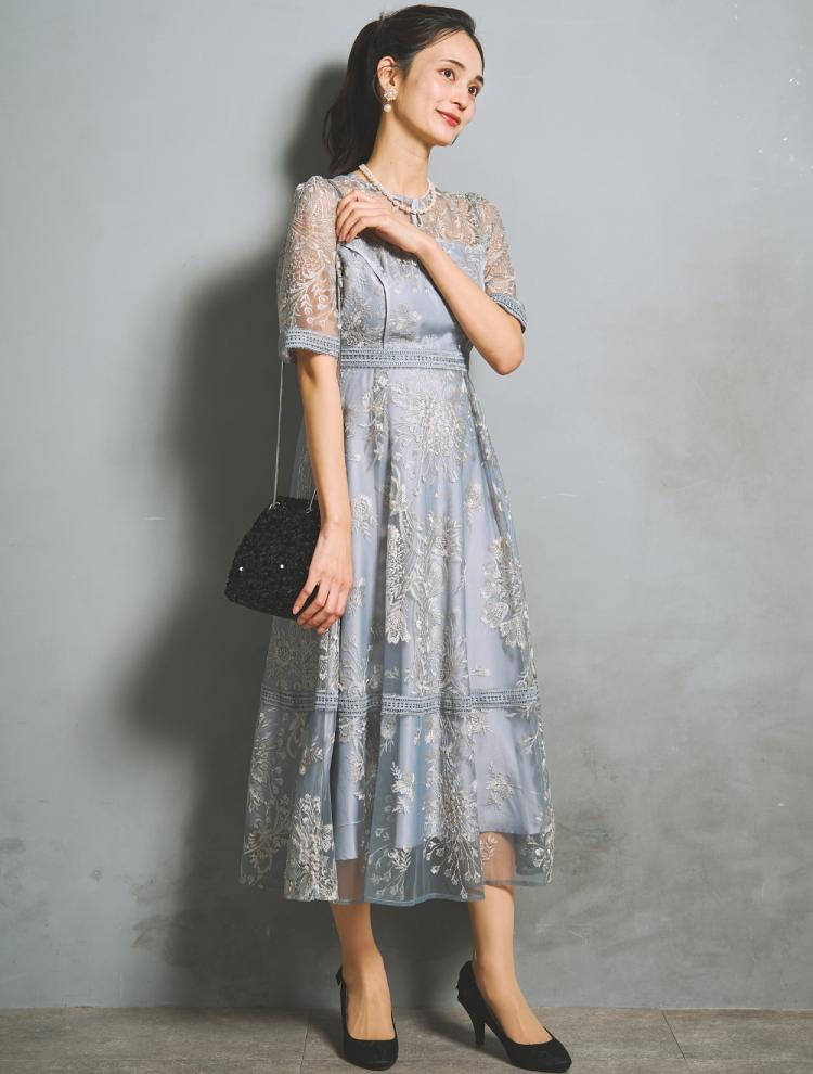 【M/L】刺繍レースフレアドレス（ブルーグレー）DPSET0934
