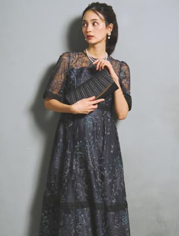 【LL】刺繍レースフレアドレス（ブラウン）DPSET0938L