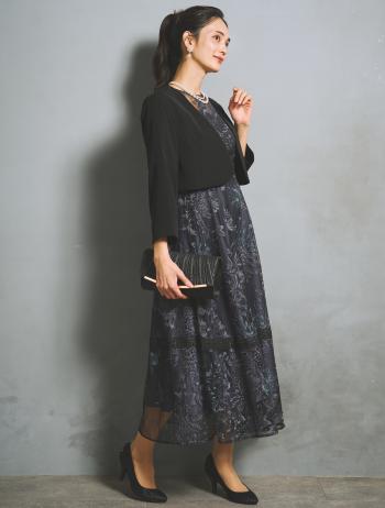 【LL】刺繍レースフレアドレス（ネイビー）DPSET0937L