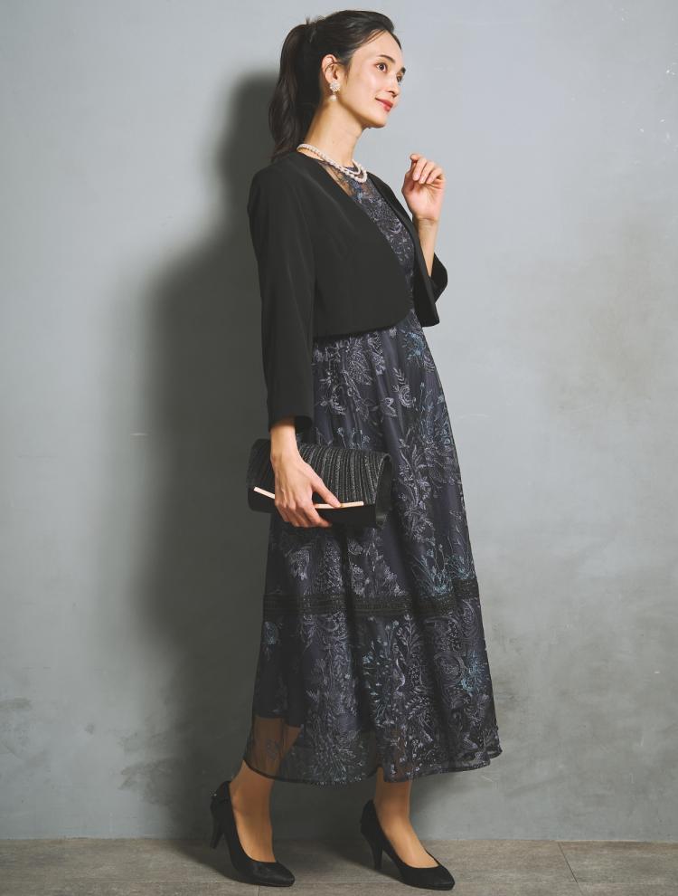 【M/L】刺繍レースフレアドレス（ネイビー）DPSET0937