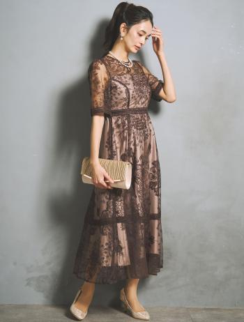 【LL】刺繍レースフレアドレス（ブラウン）DPSET0938L