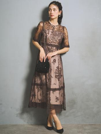 【LL】刺繍レースフレアドレス（ブラウン）DPSET0939L