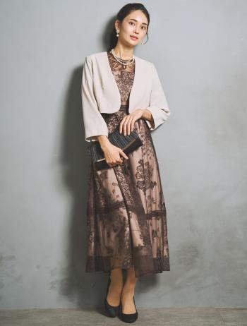 【LL】刺繍レースフレアドレス（ブラウン）DPSET0940L