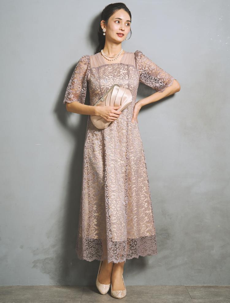 【M/L】スクエアネックスカラップドレス（グレイッシュピンク）DPSET0941