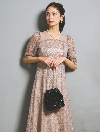 【M/L】スクエアネックスカラップドレス（グレイッシュピンク）DPSET0942