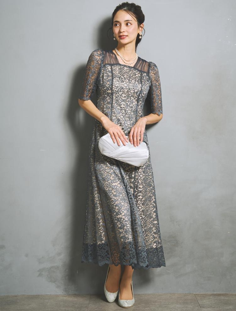 【M/L】スクエアネックスカラップドレス（ネイビー）DPSET0943