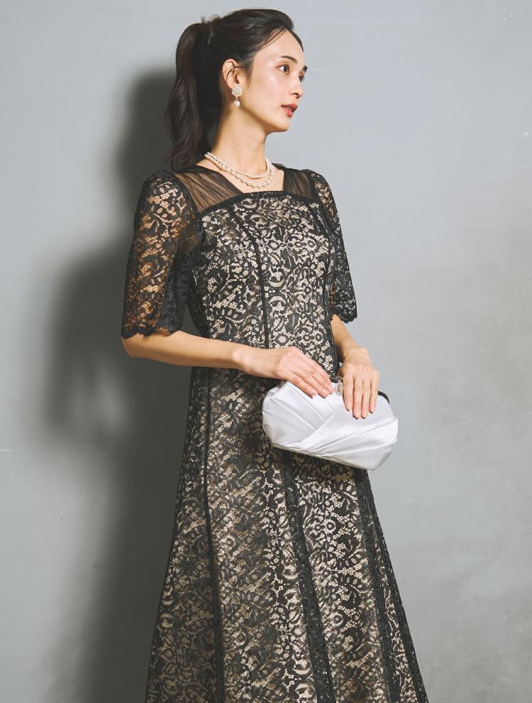 【M/L】スクエアネックスカラップドレス（ブラック）DPSET0945