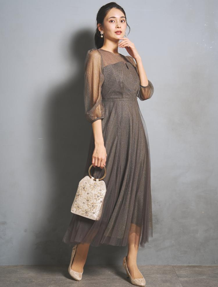 【M】ラメチュールビスチェドレス（ブラウンカーキ）DPSET0952