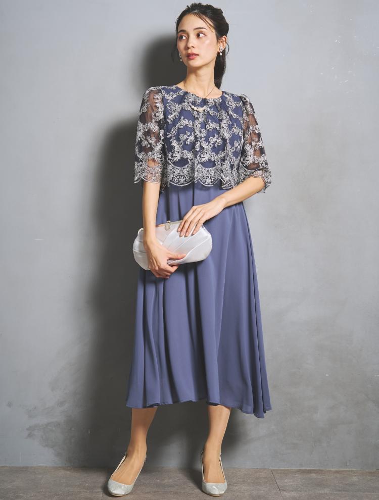 【M/L】レースブラウスミモレ丈ドレス（ブルー）DPSET0955