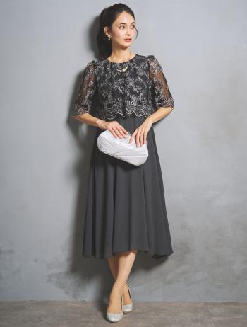 【M/L】レースブラウスミモレ丈ドレス（グレー）DPSET0957