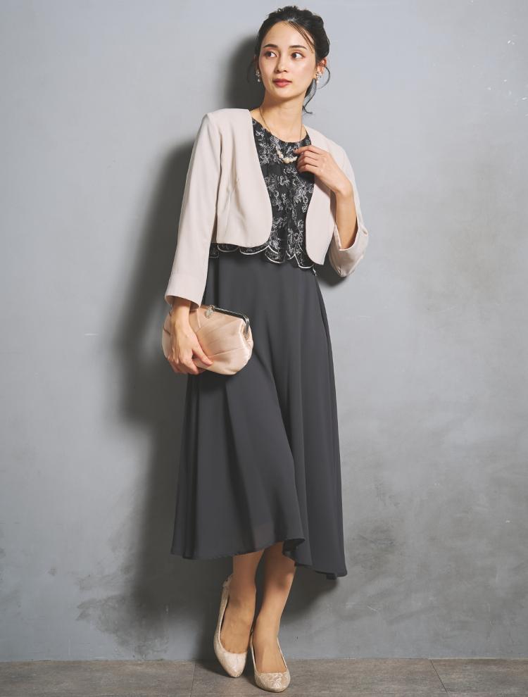 【M/L】レースブラウスミモレ丈ドレス（グレー）DPSET0958