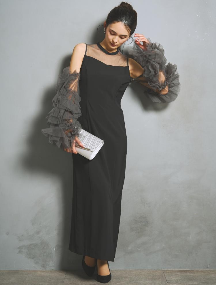 【M/L】チュールスリーブドレス（ブラック）DPSET0960