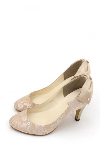 総レース×バックリボンパンプス（ベージュ）