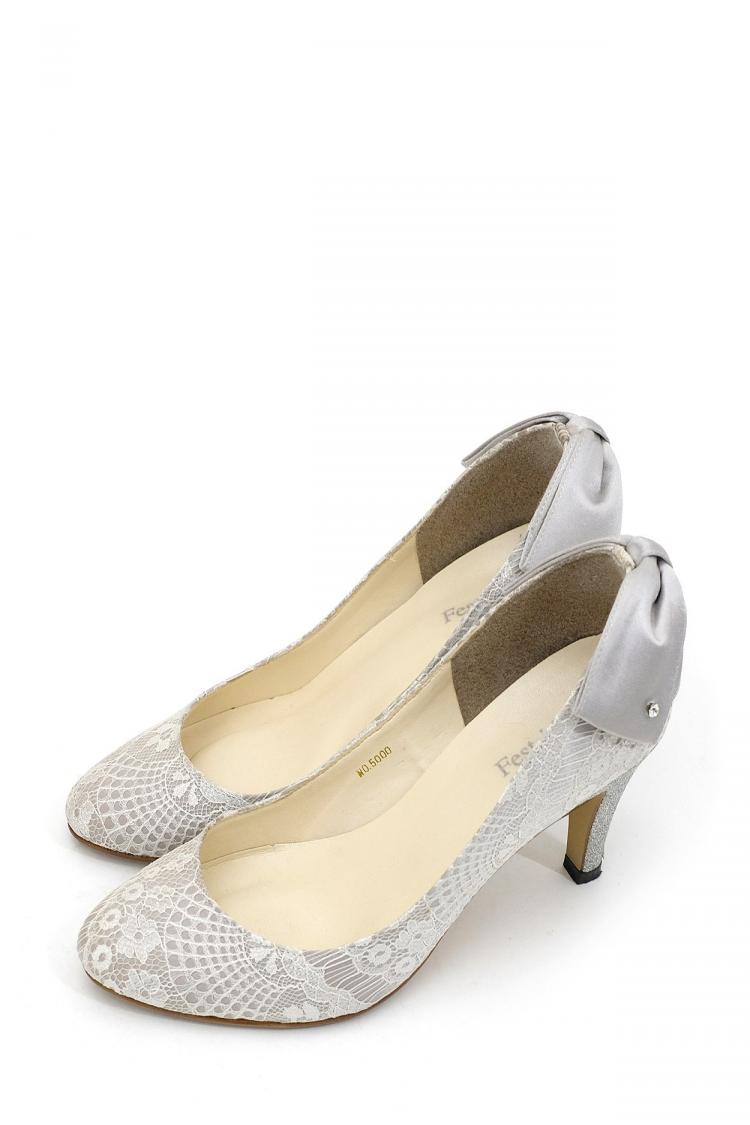 総レース×バックリボンパンプス（シルバー）
