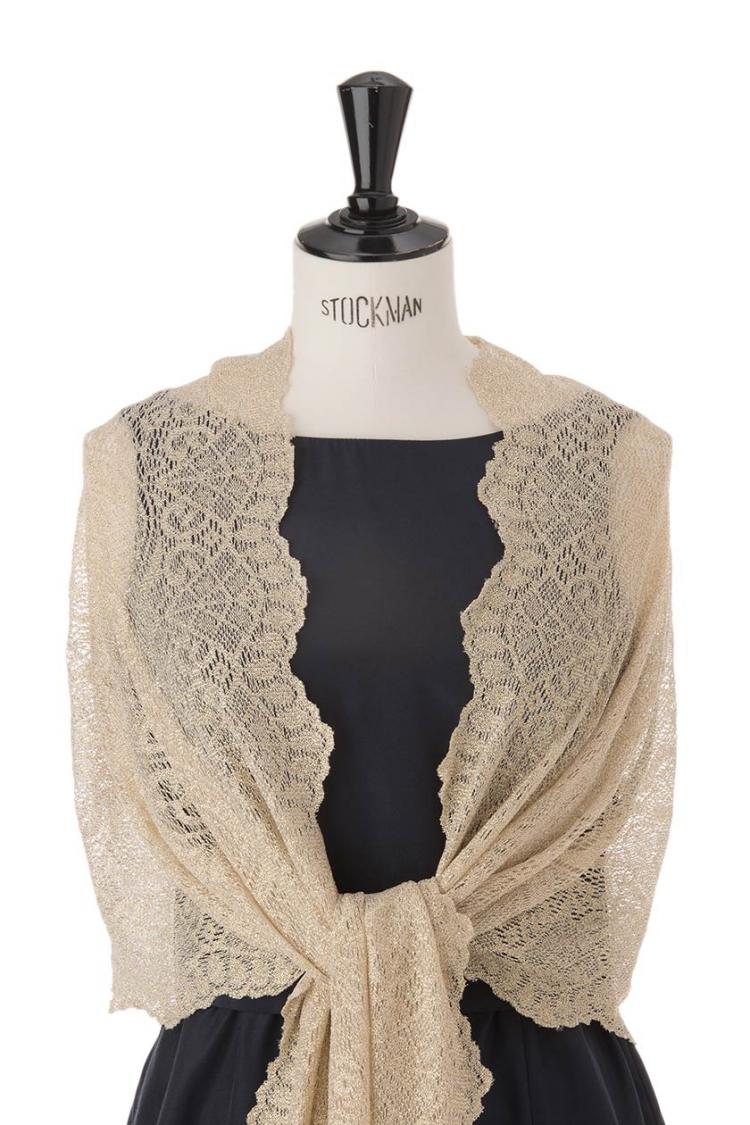 【F】大判ラメニットストール（ゴールド）