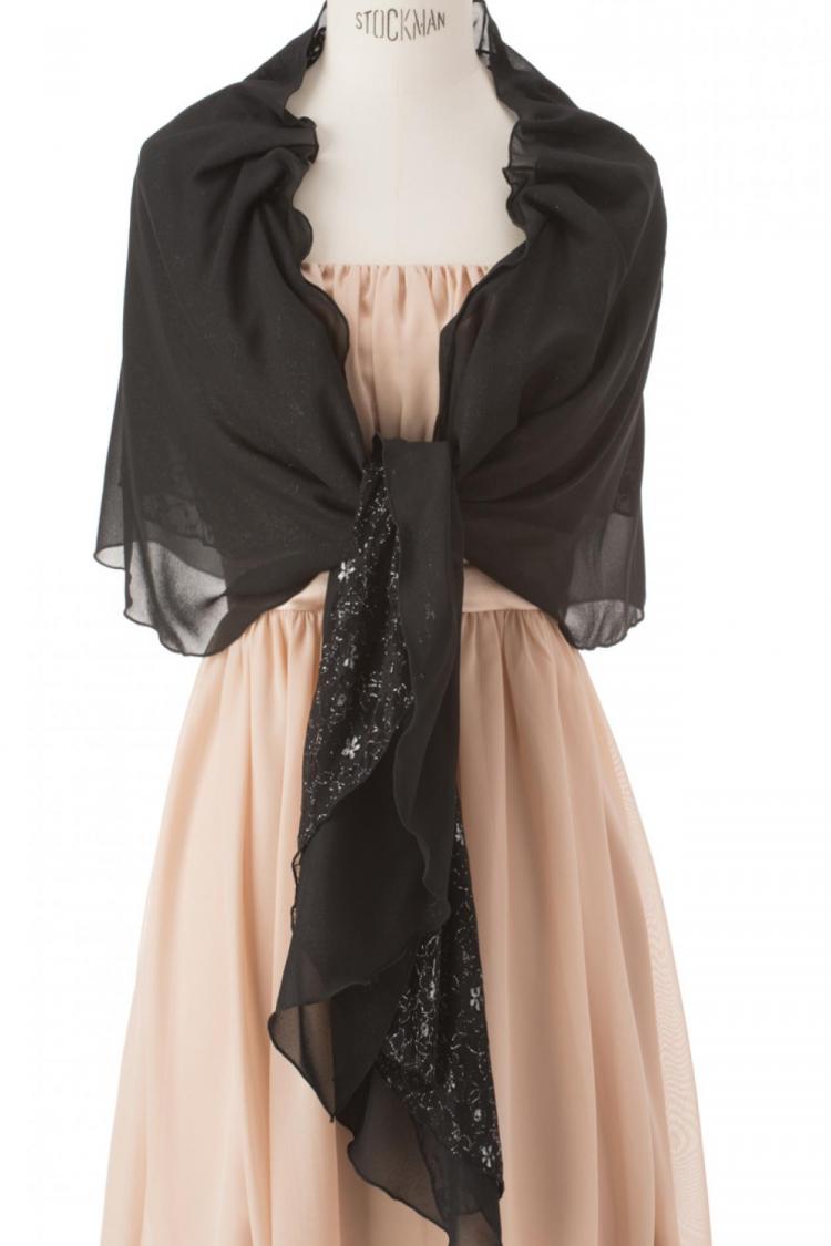 【F】ラメレース×シフォン袖通しショール（ブラック）